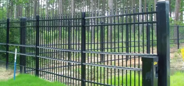 Black security fence with vertical bars and spiked tops surrounds a forested section.