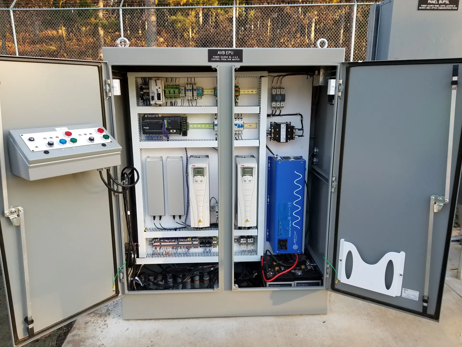 Electrical cabinet containing power drives, control modules, and a side control panel.