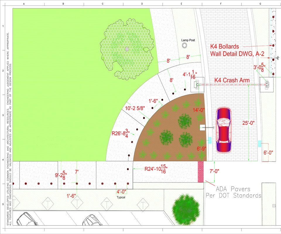 Site plan with K4 bollards, crash arm, and ADA pavers near landscaped areas.