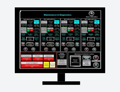 Screen displaying bollard maintenance and diagnostic controls with various metrics.