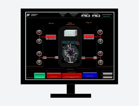 Screen displaying system layout for automated gate entry and exit controls.
