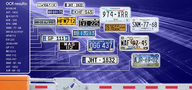 Multiple license plates displayed with text-based OCR results and connecting lines.