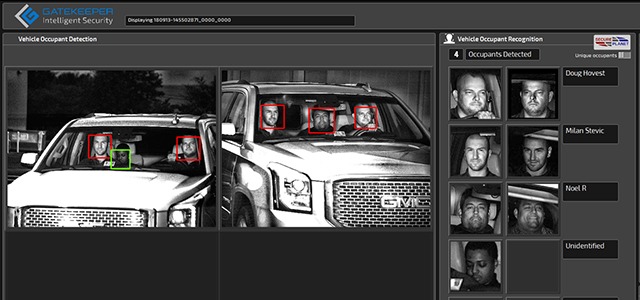 Vehicle occupant detection system displaying facial recognition of passengers in thermal imaging.