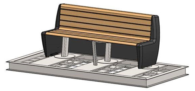 A diagram shows the structure of a bench with wooden slats and a steel base.